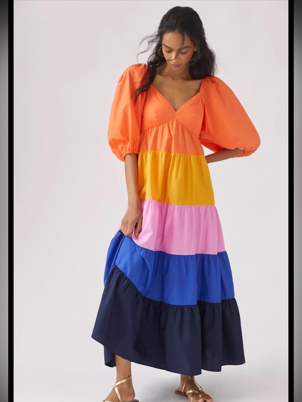 Anthropologie Colorblock Tiered Maxi Dress in Orange, Yellow, Pink & Blue